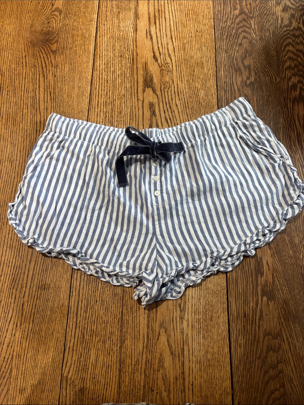 aerie Blue and White Striped Ruffle-Hem Lounge Shorts